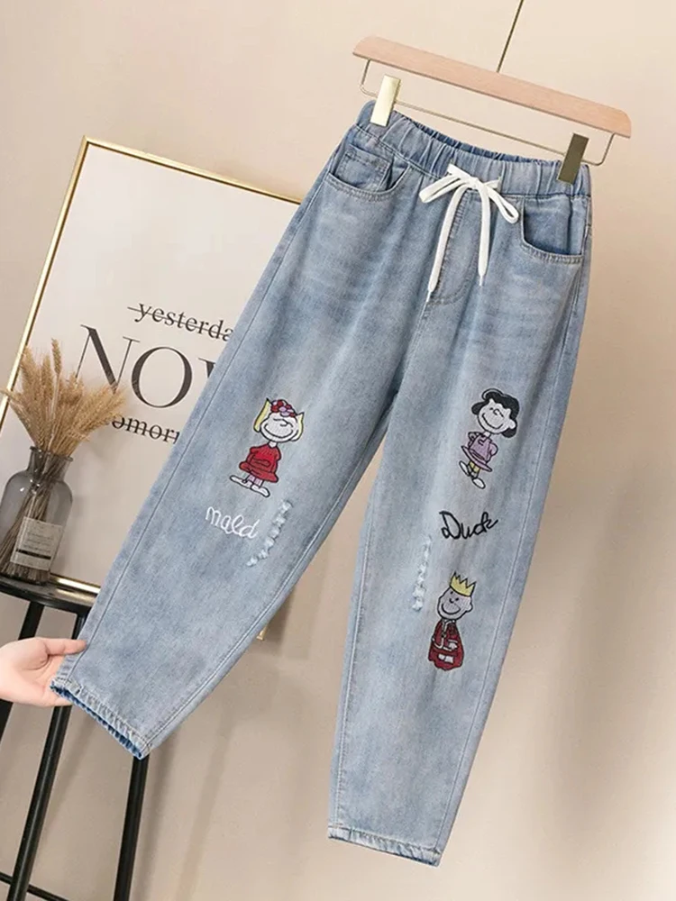 ZOKI Ripped High Waist Mom Jeans Plus Size Denim Pants for Women Vintage Embroidery Elastic Waist Ankle Length Trousers Baggy