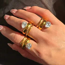 18k Gold Plated Stainless Steel Boho Double Cambered Oval Teardrop Round Zircon Rings for Women Tarnish Free Waterproof Jewelry