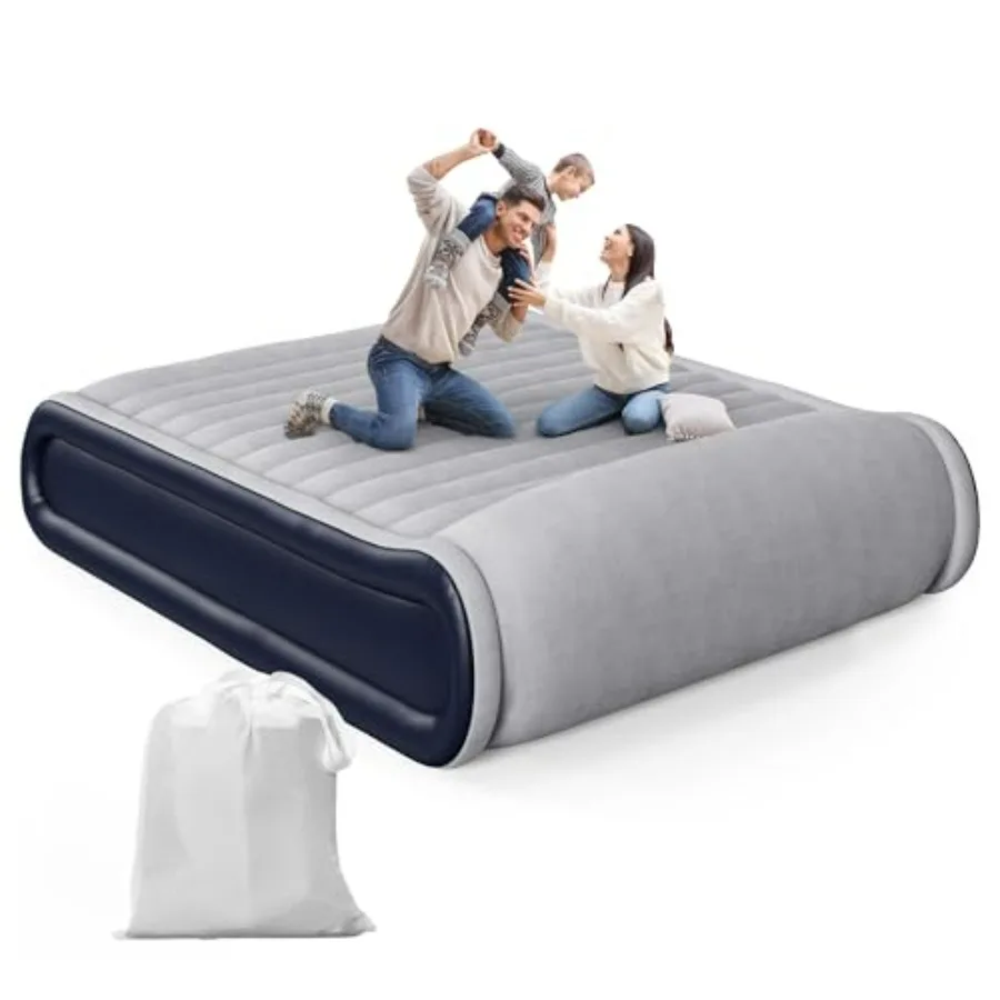 Queen Air Mattress with Built-in Pump Raised Pillow for Camping/Home Use, Gray PVC Material, 17 Height, 3-Min Fast Inflation/De