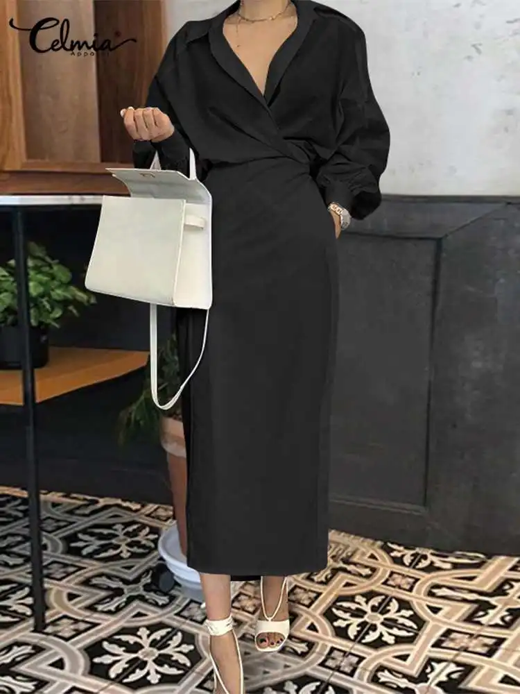 Celmia Fashion Women Dresses Long Sleeve Elegant Office Lady Belted Dresses 2023 Spring Casual Wrap Midi Vestidos Party Robe