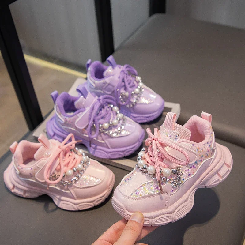 Little Girls Glitter Pearl Sneakers, Strap Lace Up Platform Shoes, Soft Non Slip Sole Kids Shoes for Daily Play & Outdoor