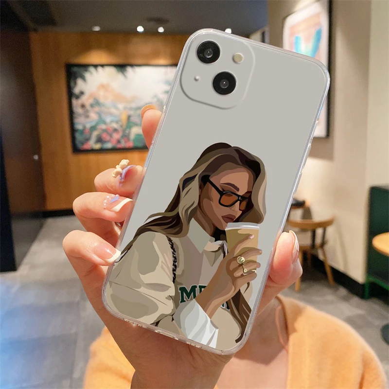 حافظة لهاتف آيفون 16E 15 16 14 13 12 11 Pro Max XS Max 7 8 16 Plus SE2 غطاء شفاف من البولي يوريثان الناعم فتاة بوس أنثى القهوة