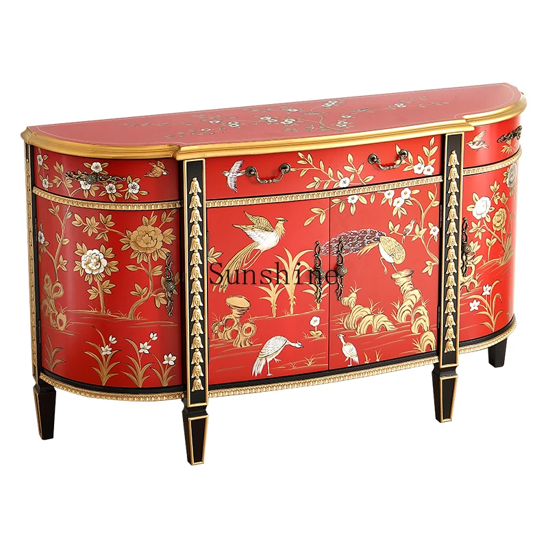 French Chinese style red painted gold semi-circular arc entrance decorative cabinet