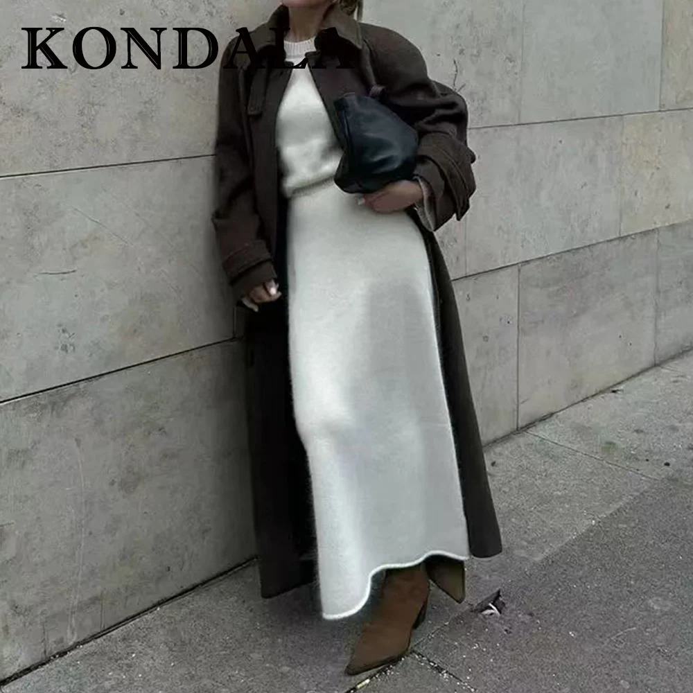

KONDALA Vintage 2025 Winter Women Chic Brown Coat Elegant Sashes Luxurious Outwear Streetwear Business Female Casual Long Coat