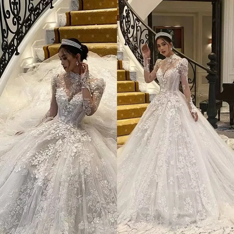 

Romantic Wedding Dresses Long Sleeve Tulle Lace Appliques Crystal Beading 2023 Design Vintage Formal Bridal Gown Customize DZ64