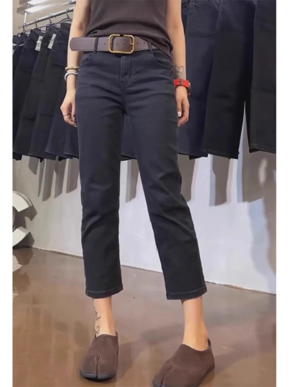 

Winter New plus Size Women's Fleece Lined Black Denim Straight Leg Smoke Tube Pants High Waist Nine Pockets Button Zipper Cot...