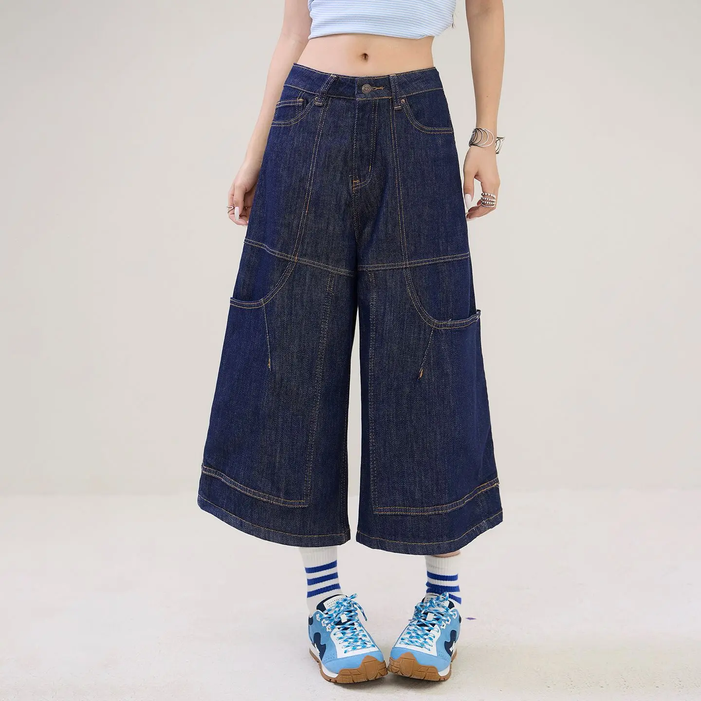 American Retro High Waist Loose Wide Leg Capri Jeans Women Y2k Casual Multi Pocket Denim Pants Summer