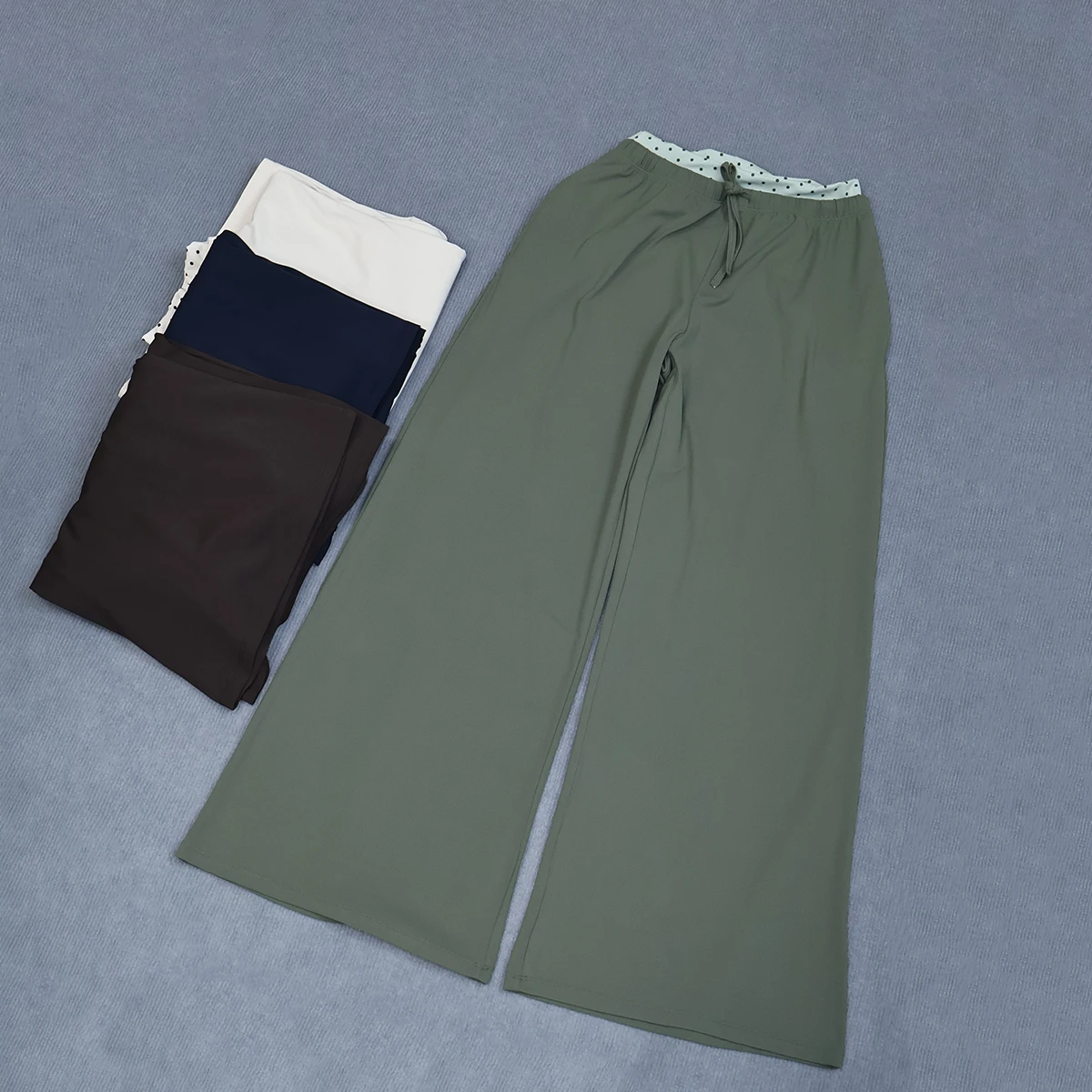 Ladies Polka Dot Waist Wide Leg Pants Drawstring Elastic Waistband Side Pocket Flowy Casual Workout Yoga Sports Trousers Woman