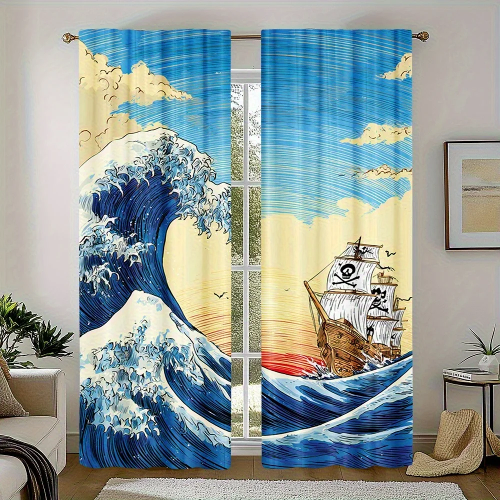 Ukiyo‑e Wave Pirate Ship Curtain Panels, Ocean Sea Cloud Sky Print Window Drapes for Kids Living Room Cozy Home Wall Decor