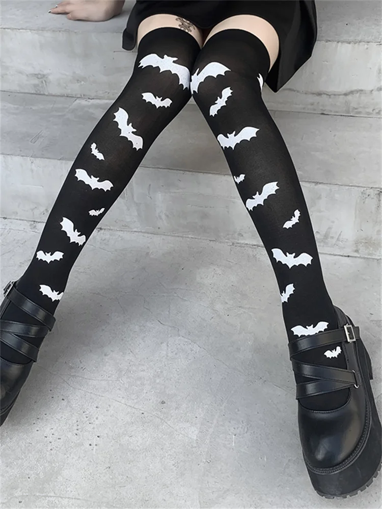 Vintage Gothic Skinny Black Long Socks Harajuku Streetwear Bat Print calze donna Halloween calze autoreggenti calze da festa