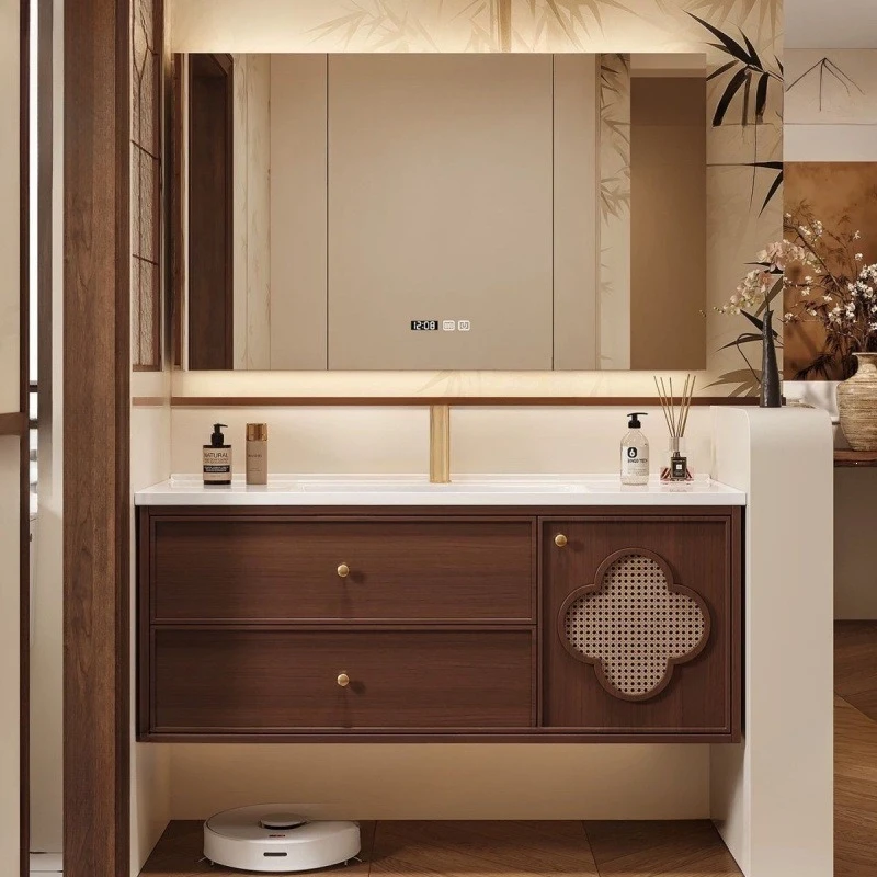 Song-style aesthetics French bathroom cabinet combination, antique oak bathroom washstand, ceramic integrated basin washbasin