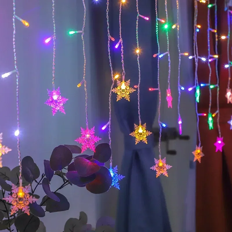 EU Plug Christmas Light Led เกล็ดหิมะน้ําแข็งเสาม่านแสงผ้าม่าน Garland Fairy String ไฟกลางแจ้งสําหรับ Home Party Garden