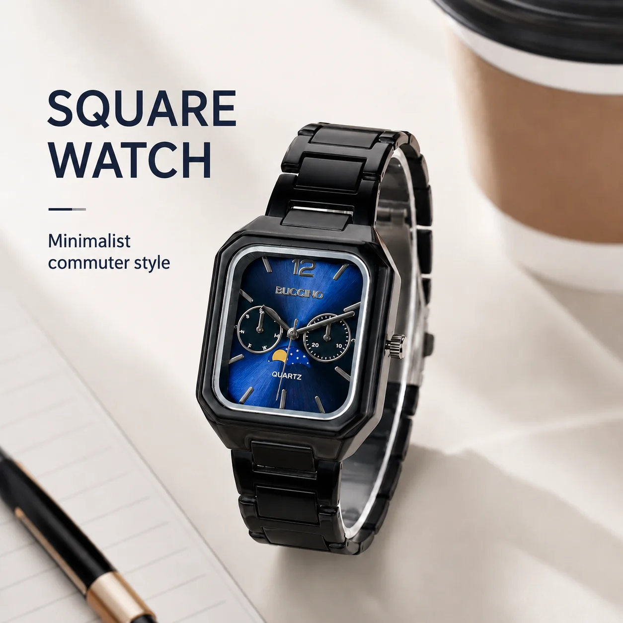 

Square quartz watch with black metal link bracelet, analog watch with blue/black dial, stylish design suitable for casual and bu