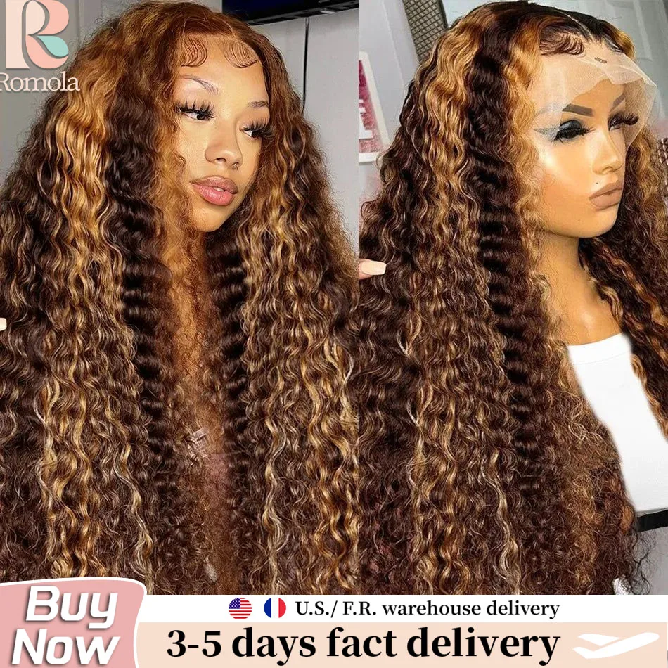 

Парик из натуральных волос Romola Curly Water Deep Wave, с мелированием P4/27, HD-кружево 13x6, предварительно выщипанные пряди, 200% плотность, распродажа