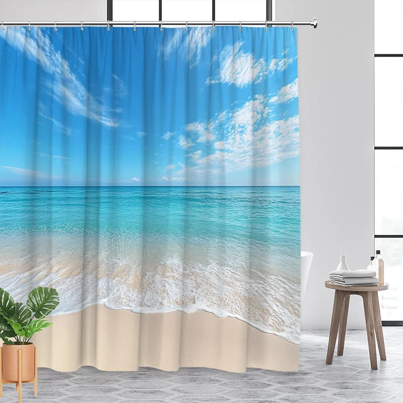 

Водонепроницаемая занавеска для душа с спокойной пляжной сцены при успокаивании океанских волн и синих небо для вашей ванной комнаты