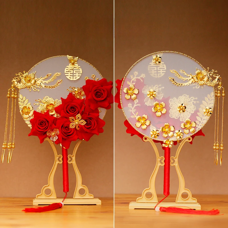 Traditional Chinese Hanfu Fan with Rack Bride Fans Handmade Vintage Flower Photography Decor Prop Valentine's Day Gift