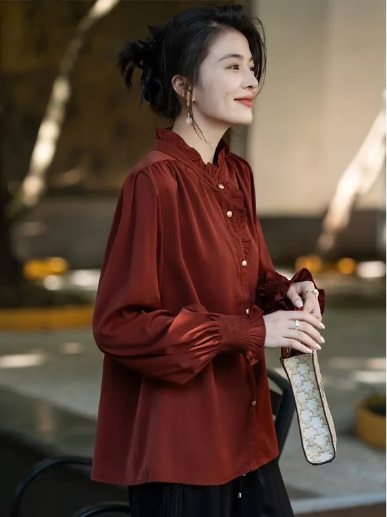 

Retro Elegant Wooden Collar Shirt Women's Casual Versatile Top Spring 2026 Stand Collar Long Sleeve Warmth Ladies Shirt