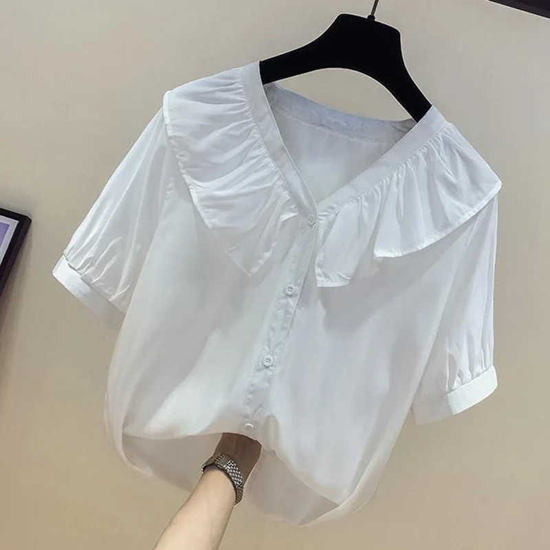 Elegant V-Neck Solid Color Spliced Folds Ruffles Shirt Female Clothing 2023 Summer New Casual Tops Loose Sweet Blouse