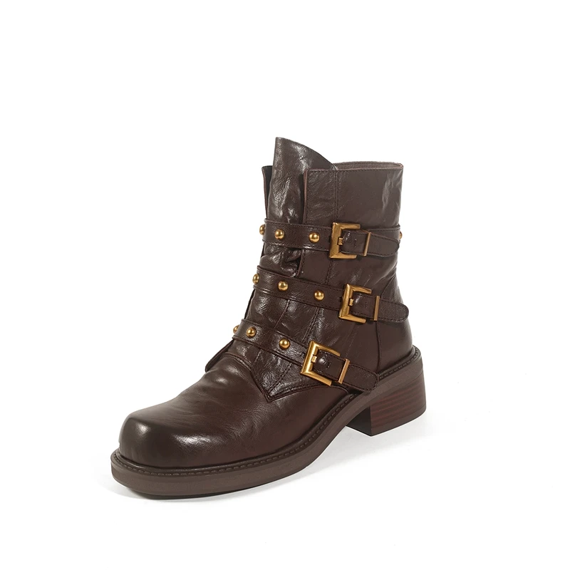 New Genuine Leather Women Ankle Boots Round Toe Metal Belt Buckle Rivet Women's Shoes Western Boots Knight Boots Punk Booties