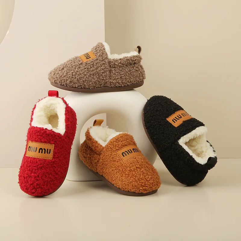 Winter Baby Cotton Shoes Thicken Plush Warm Home Slippers Indoor Cover Heel Soft Sole Floor Shoe Kids Boys Girls Cotton Slippers