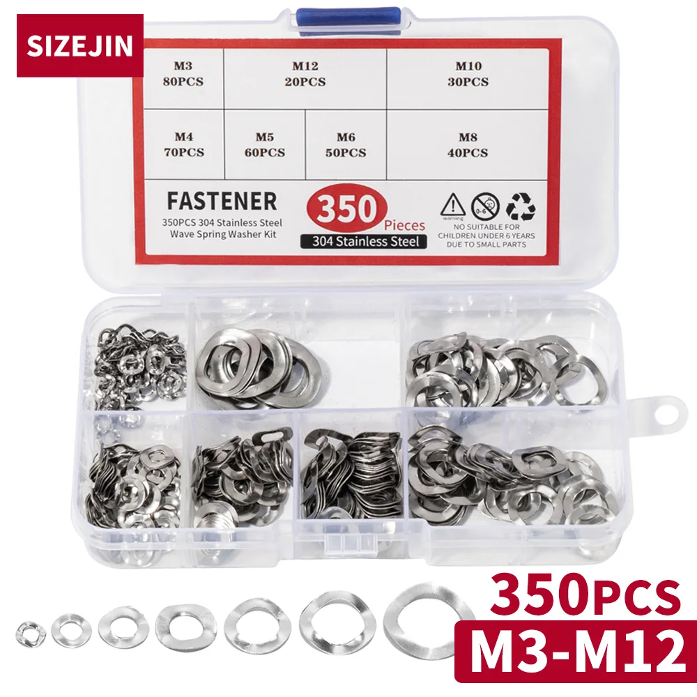 350PCS Wavy Wave Washers Set Gasket Assortment Kit M3 M4 M5 M6 M8 M10 M12 Crinkle Spring Wave Washer Sets 304 Stainless Steel