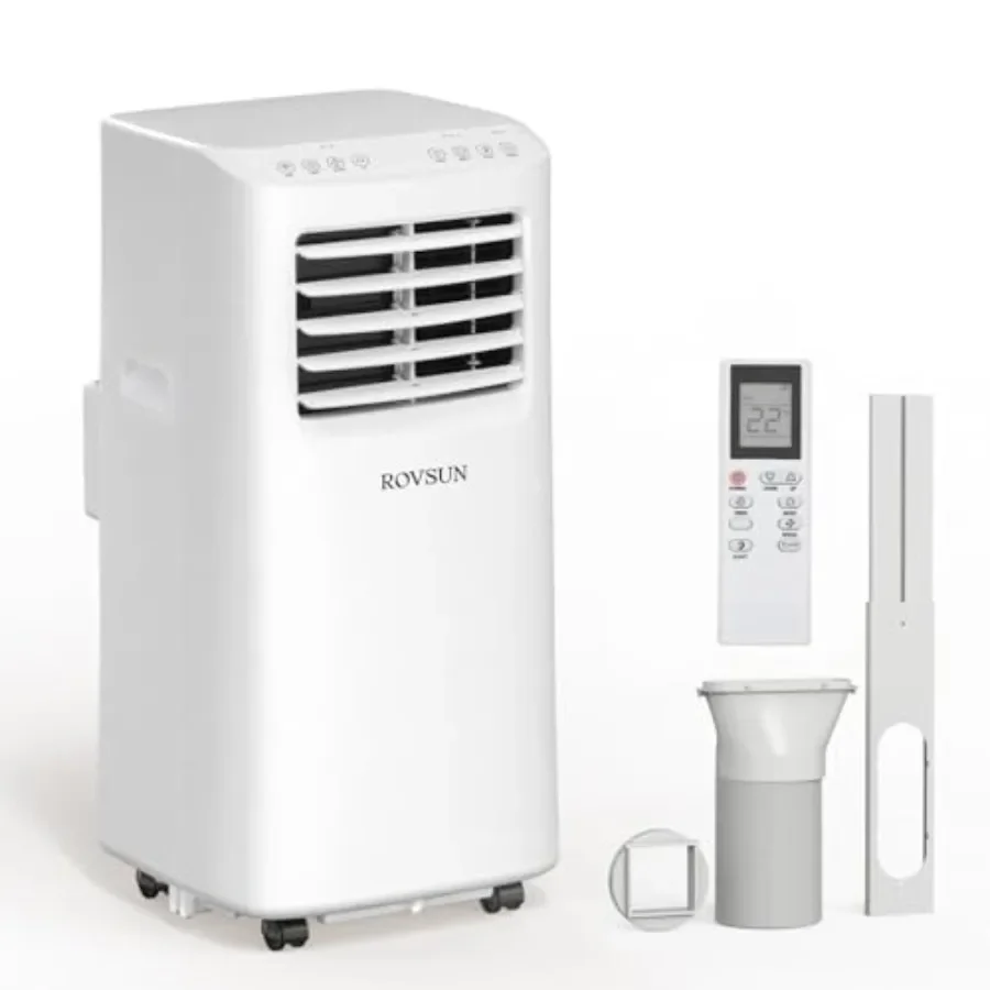 Portable air conditioner for home office dorm use, white plastic unit with digital display, 8000 BTU cooling capacity, 3-in-1 A
