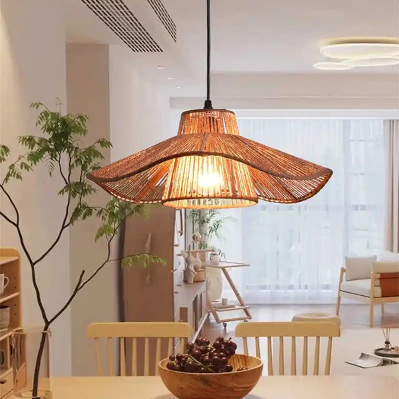 Japanese Rope Pendant Light, Macrame Hanging Lamp for Bedroom Dining Tea Room, Vintage Handmade Decor for Villa Hotel
