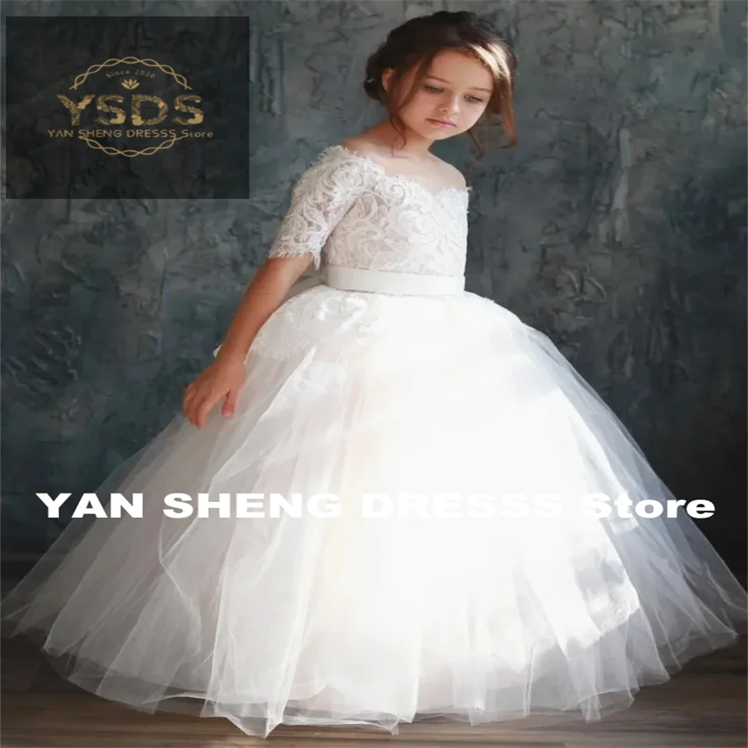 Customized Flower Girl Dress White Tulle Lace Appliques Top With Big Bow Half Sleeve For Wedding Birthday Banquet First Communio