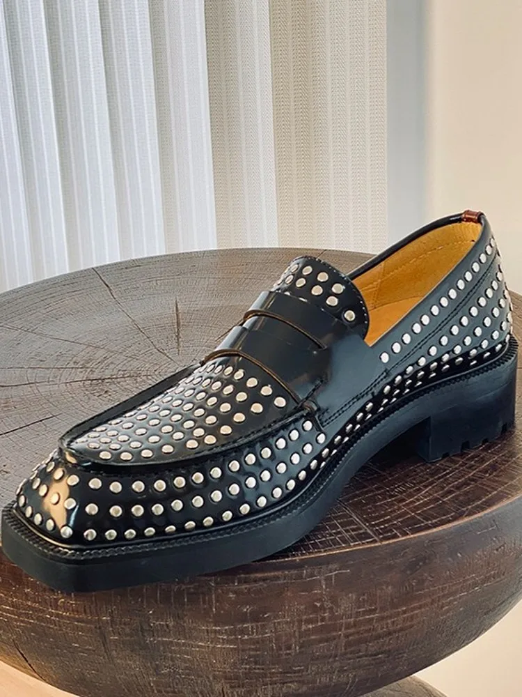Men Rivets Studded Weeding Party Dress Shoes Slip On Square Toe Genuine Leather Formal Shoes Block Heels Banquet Loafers Shoes