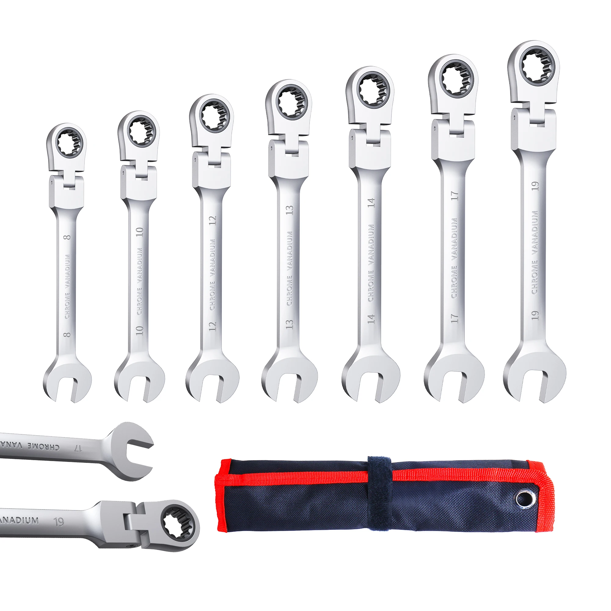 

7PC Flexible Head Ratchet Wrench Set Industrial Tools with Storage Bag Mechanical Repair Hardware Sizes 8-19MM