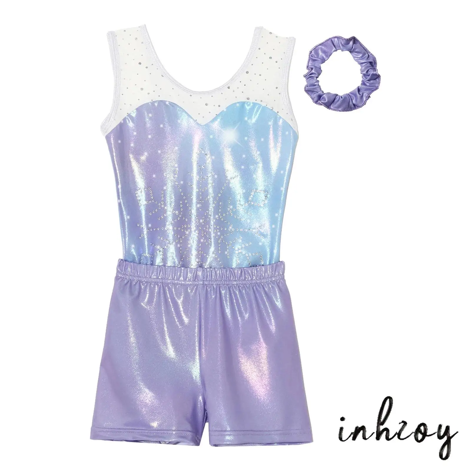Girl Gymnastics Dance Wear Rhinestone Snowflake Artistic Jazz Ballroom Dance Leotard with Shorts and Hairband for Dance Practice