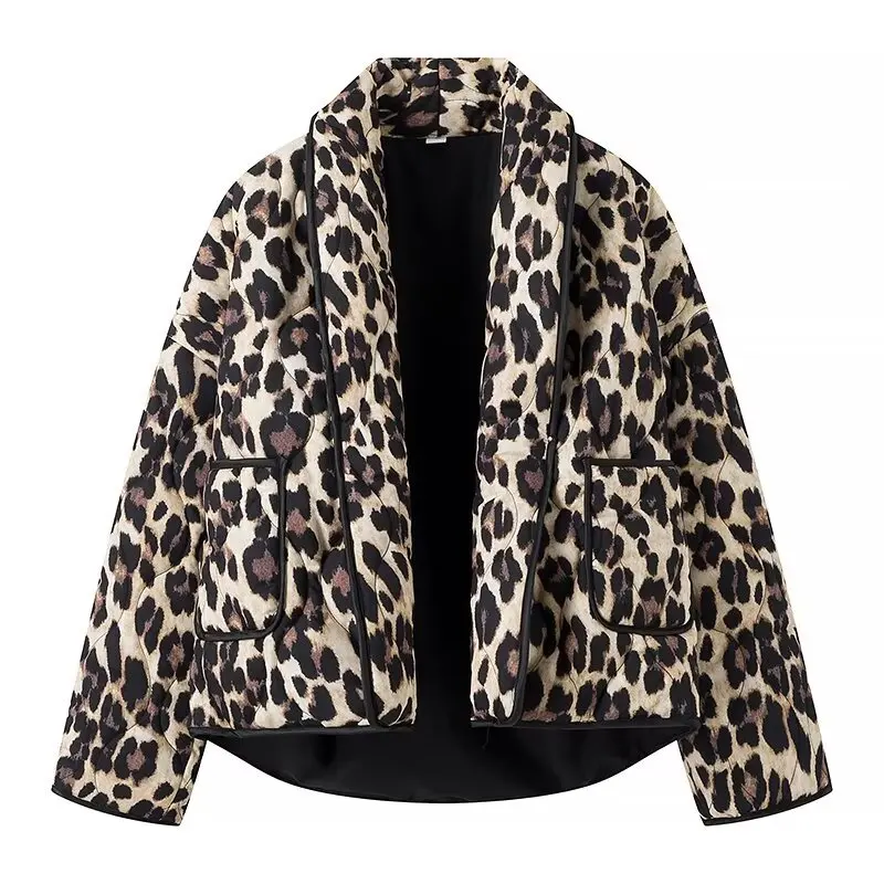 

2025 New Autumn Women Coat Casual Jackets Leopard Print Pocket Long Sleeves Turn Down Collar Loose Fit Thick Open Streetwear