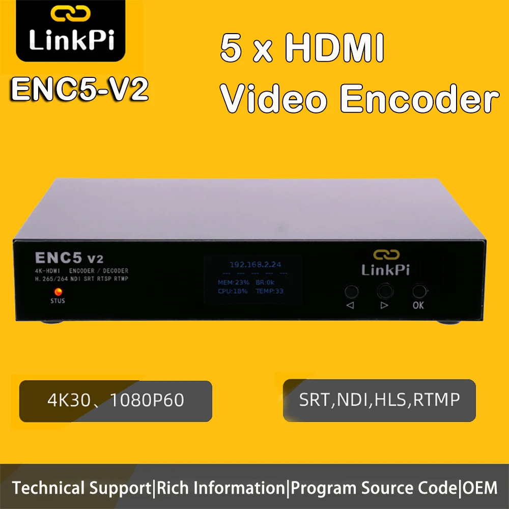 Link Pi ENC5-V2 5-Port HDMI 4K Encoder 1080P Decoder NDI HX SRT RTMP RTSP Live Streamer IPTV IPCam 4GB DDR4 Unterstützung für vMix OBS