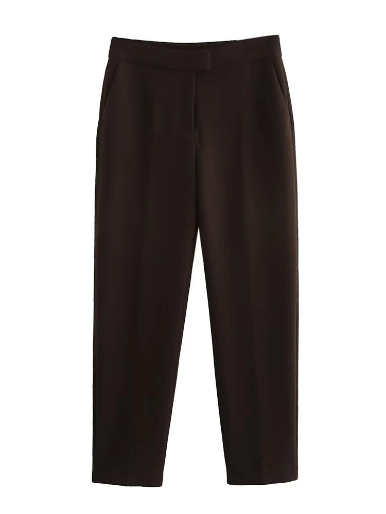 

KUCLUT Women Fashion Brown Front Zipper Straight Pants Vintage High Waist Full Length Female Chic Lady Trousers