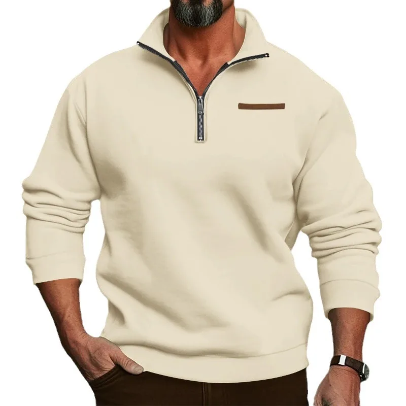Amazon winter plush half zip stand up collar pullover solid color casual hoodie for men\'s cross-border fashion brand