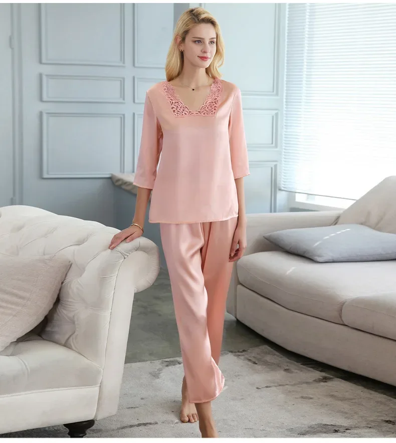 

100% Silk Women's Pajama Set Half Sleeve Sleepwear Pure Silk Soft Pj Set Sleep Top and Pants Pajamas 2Piece Home Wear Suit PJS