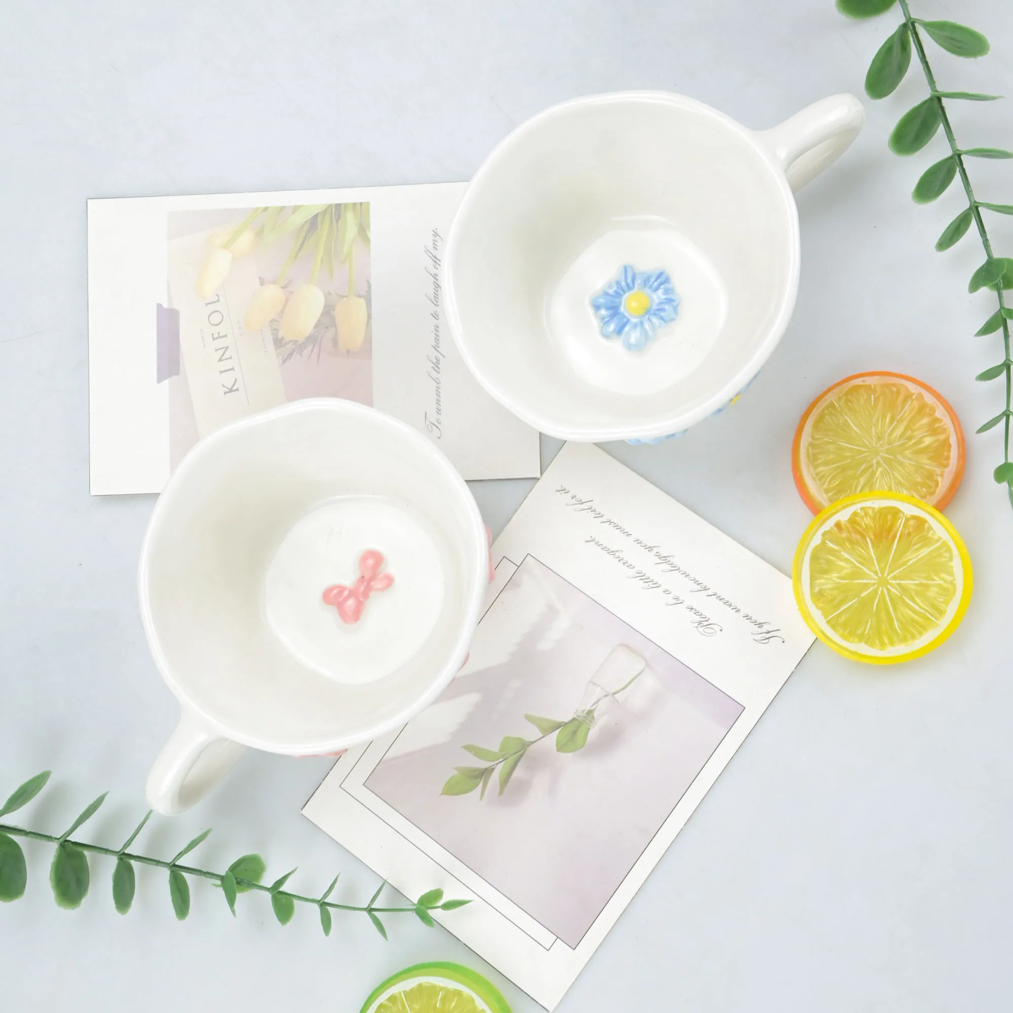 1pcs Irregular Hand Drawn Underglaze Color Relief Blue Daisy Pink Bow Ceramic Mug Water Cup