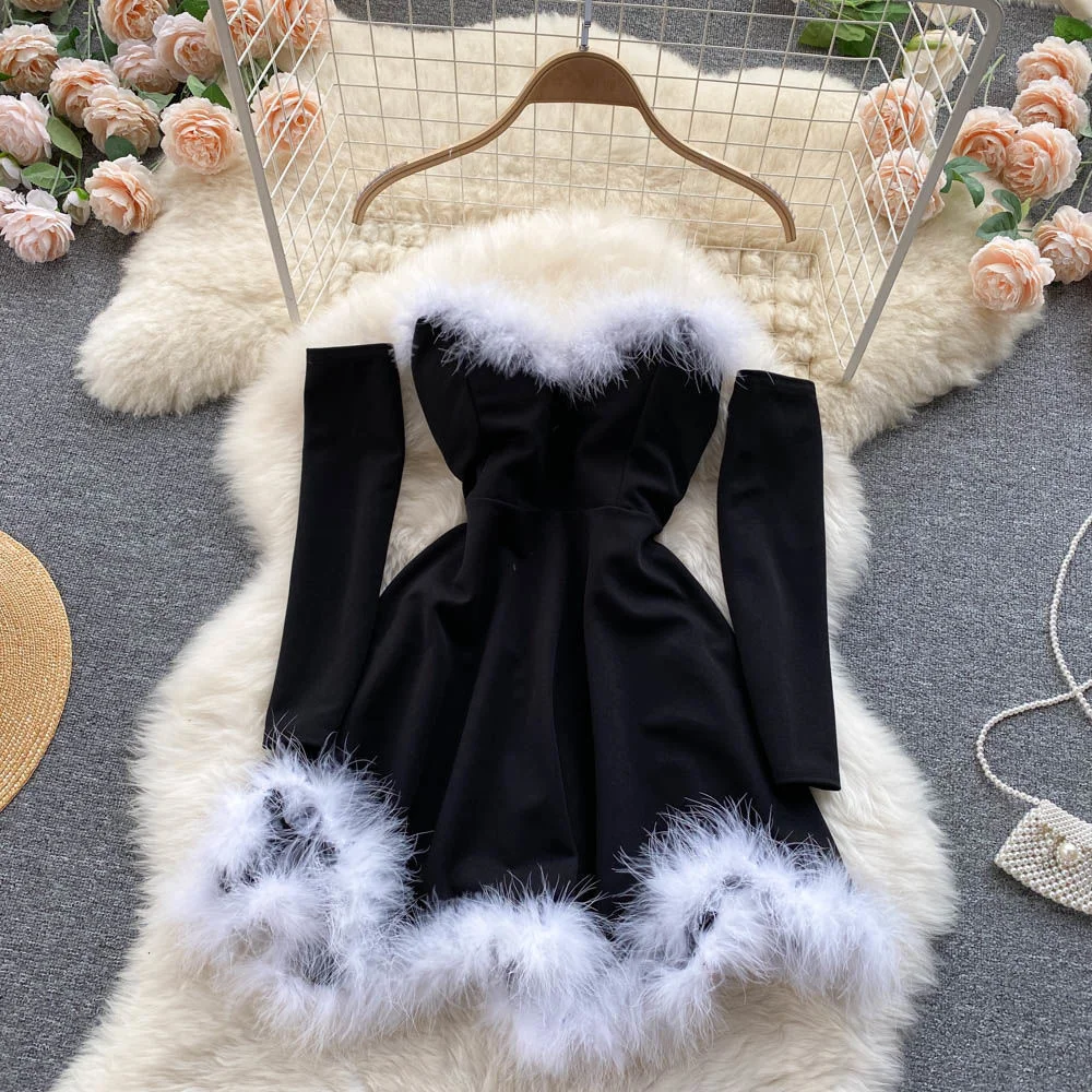 Autumn And Winter 2022 Christmas Dress Nightclub Women Dress Sexy Strapless Backless Waist Closing A-line Skirt