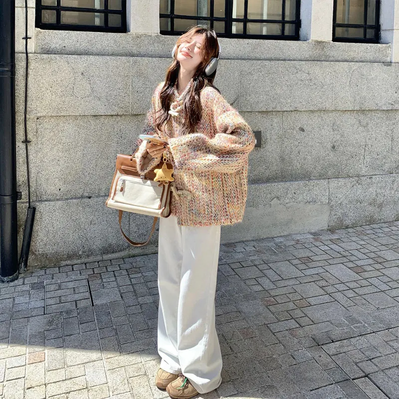 Women's colorful coarse woolen coat 2026 autumn and winter new style small fragrant horn button top