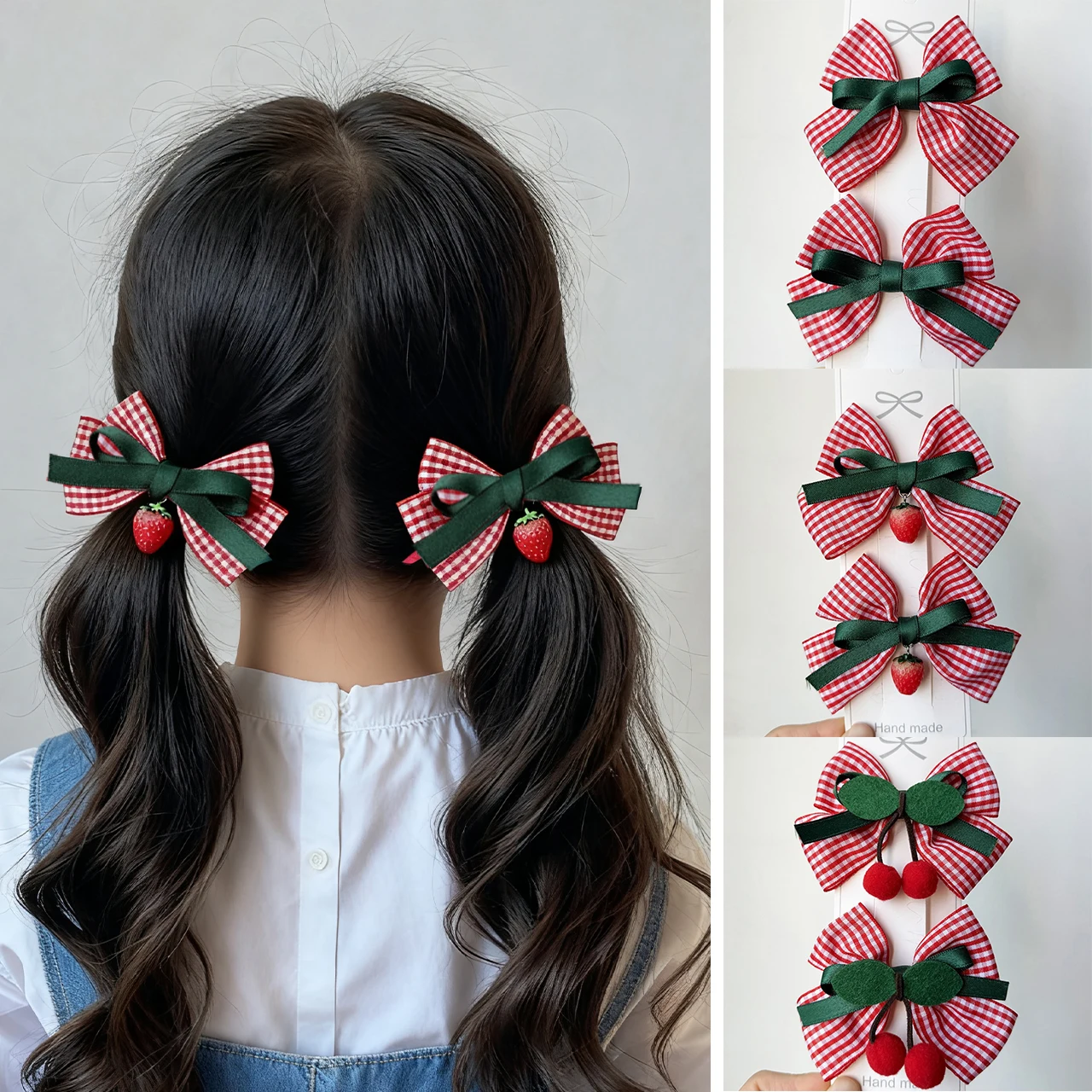 

2Pc Red Plaid Bow Hairpins Cherry Pendant Barrettes Sweet Girl Duckbill Clips Kids New Year Headwear Cute Strawberry Hair Clip