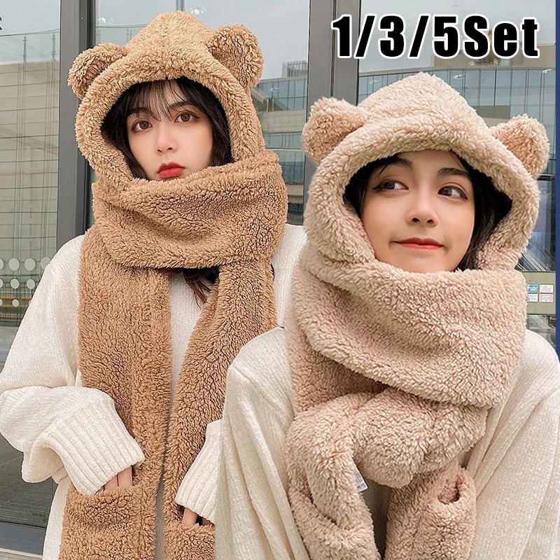 

Bear Hat Scarf Gloves 3in1 Plush Double Layer Thick Earmuff Winter Set Multi Functional Ear Warm Cozy Cold Weather Essential