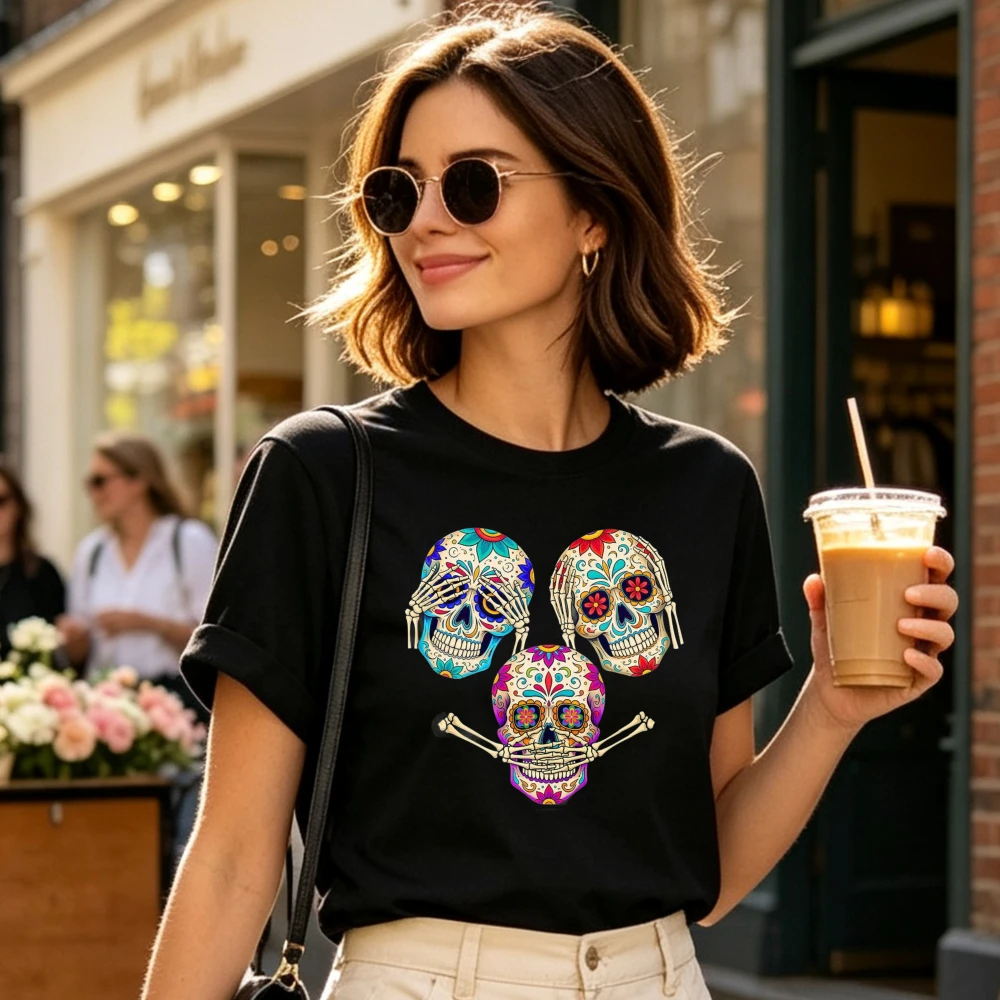 Sugar Skull Day of The Dead Graphic T Shirt Unisex Crew Neck Short Sleeve Casual Tops Three Skull See Hear No Evil Festival Tees