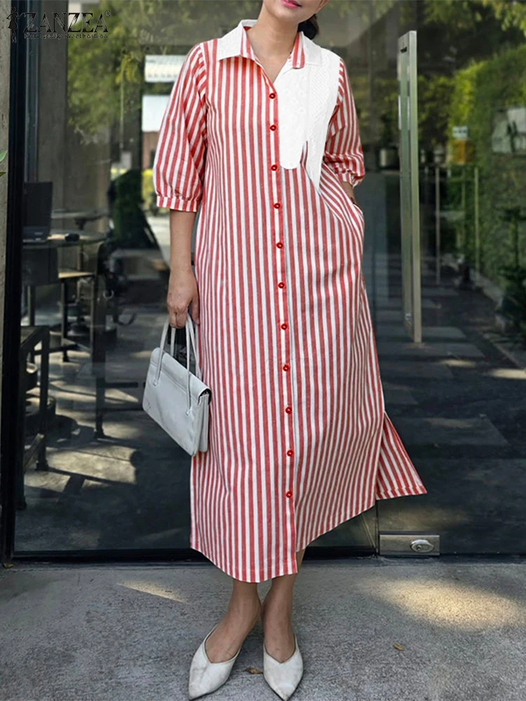 2025ZANZEA Mode Herbst Hemd Kleid Frauen Elegante 3/4 Hülse Gestreiften Arbeit Kleider Büro Tragen Sommerkleid Patchwork Vestidos Robe