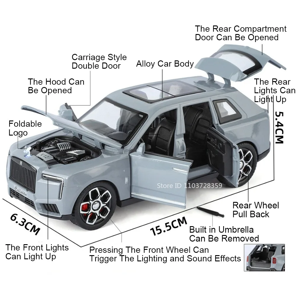รถของเล่นจำลอง Rolls-Royce Cullinan Phantom สเกล 1:32 ผลิตจากโลหะผสม พร้อมเสียงและไฟ มีระบบดึงหลัง ภายในประณีต เหมาะสำหรับเป็นของขวัญสำหรับเด็ก