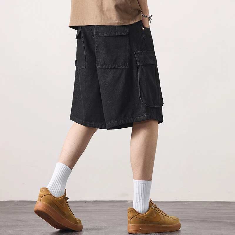 KSTUN Lyocell Celana Pendek Musim Panas Jeans untuk Pria Celana Kargo Kaki Lebar Celana Panjang Lutut Pakaian Jalanan Celana Pendek Denim Hitam Pria Pas Longgar