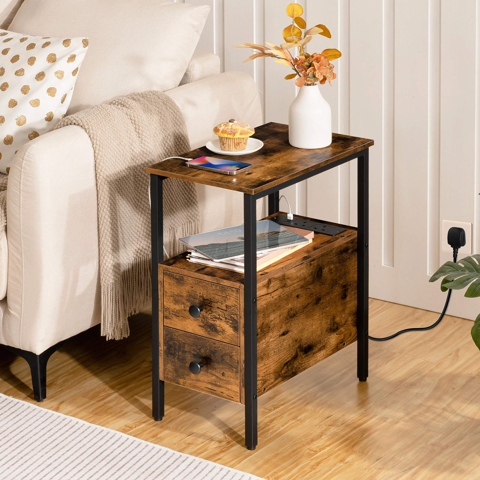 HOOBRO End Table With Charging Station Narrow Side Table With 2Drawer And USB Port  And Power Outlets Nightstand For Small Space