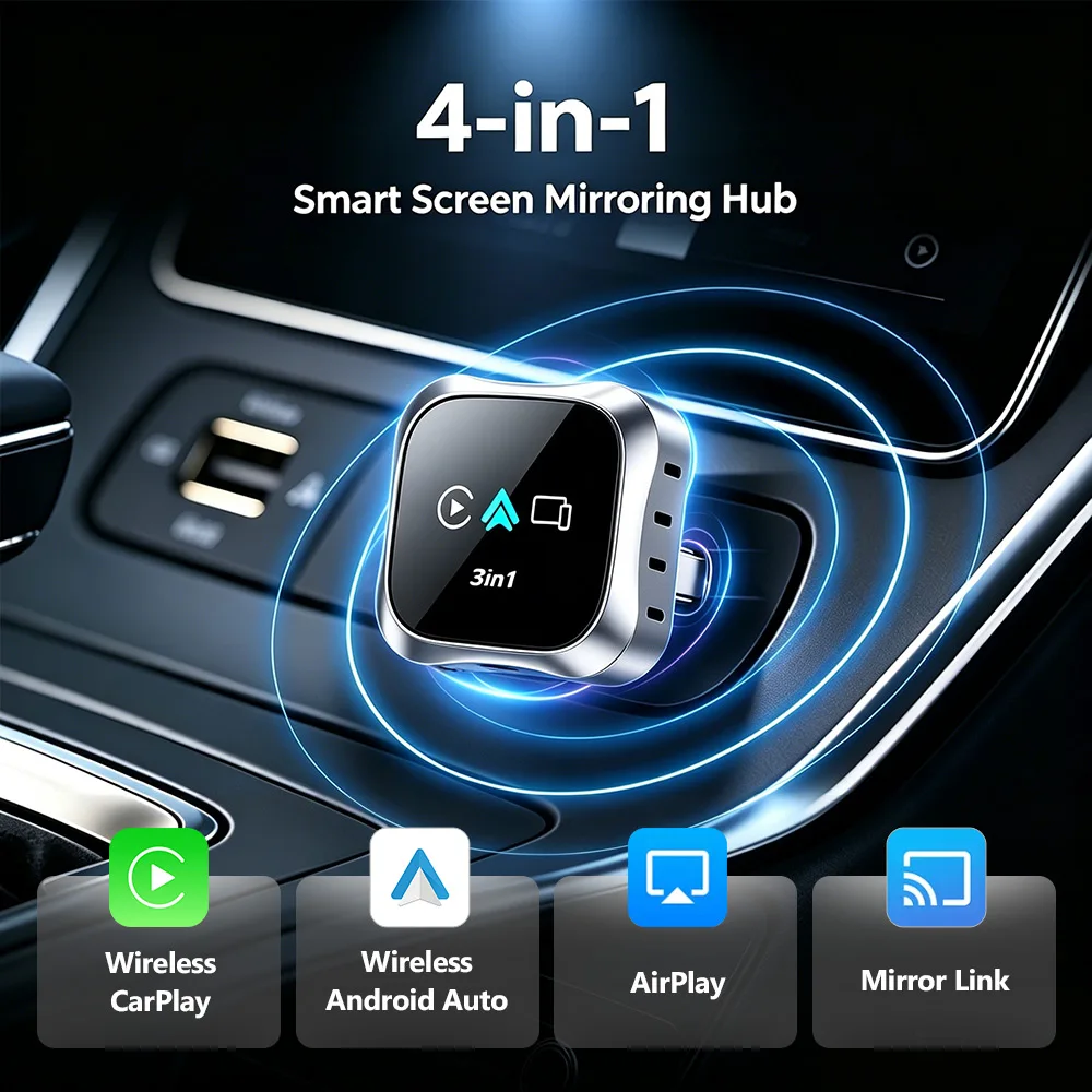 

4-in-1 CarPlay Adapter 2026: Newly Upgraded Wireless Bluetooth Screen Mirroring Smart Plug-and-Play