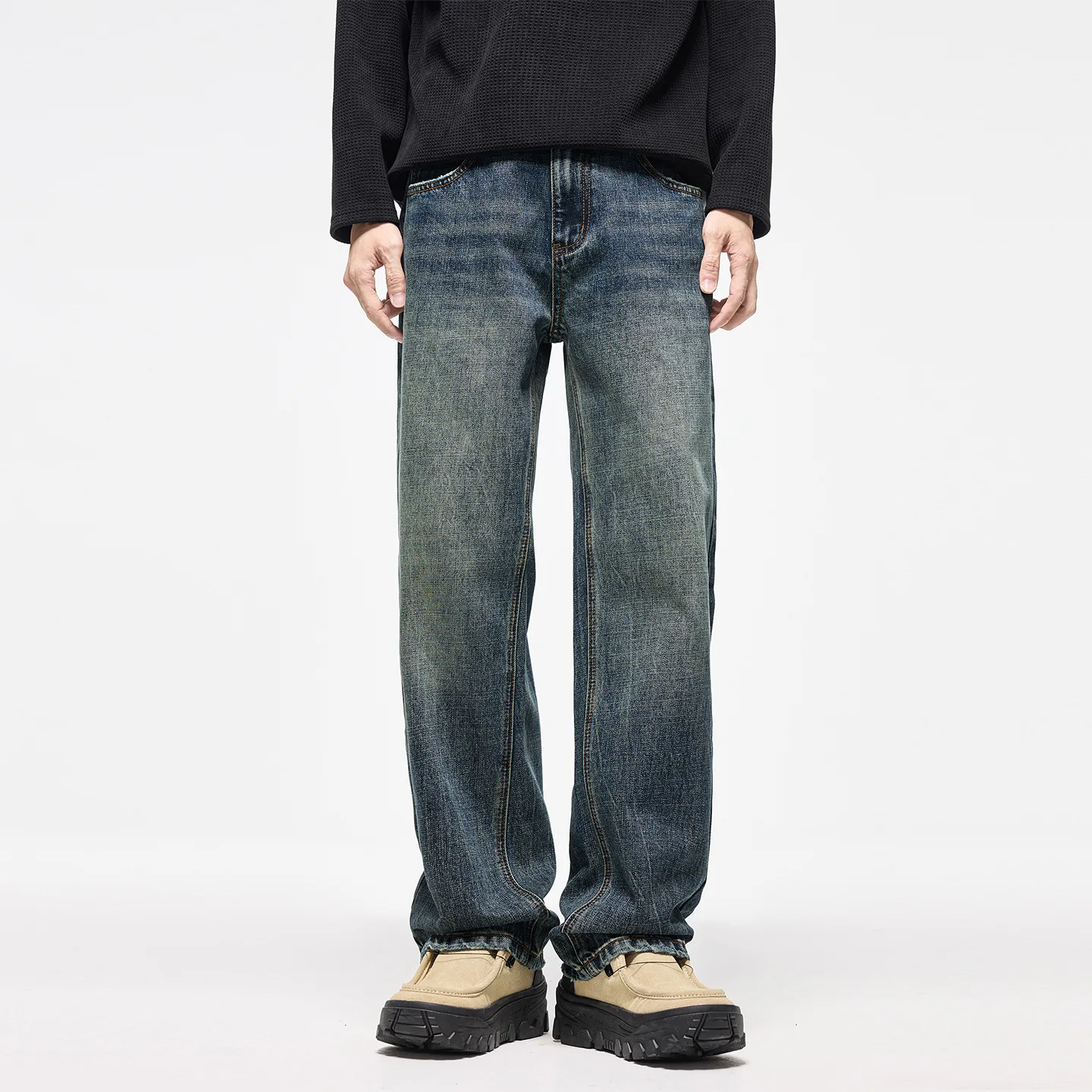 

American high street retro washed nostalgic loose wide leg straight jeans masculinity loose casual long pants