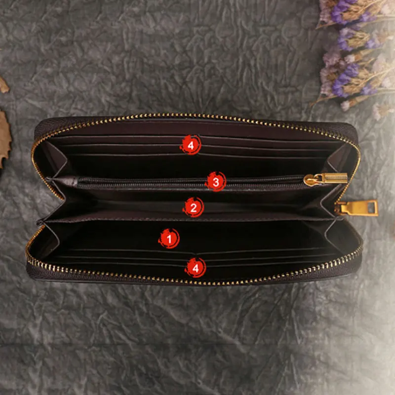 Leather long Wallet With Embossed Cat, ID/Credit Card Slotzipper bag, Vintage Women's Handbag,Fashionable Cowhide Wallet