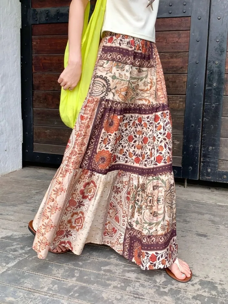 

Brown Boho Flower Pattern Maxi Skirts Elastic Waist Big Swing Flowing Full Skirt Summer Holiday Beach Beautiful Young Women Sexy